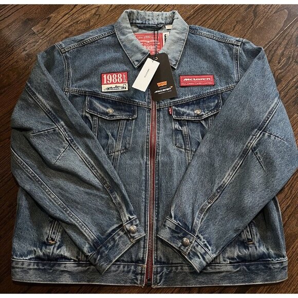 NWT Levi's x Mclaren Racing Heritage 501® Medium Indigo Trucker Jacket Mens Sz L - Picture 1 of 9